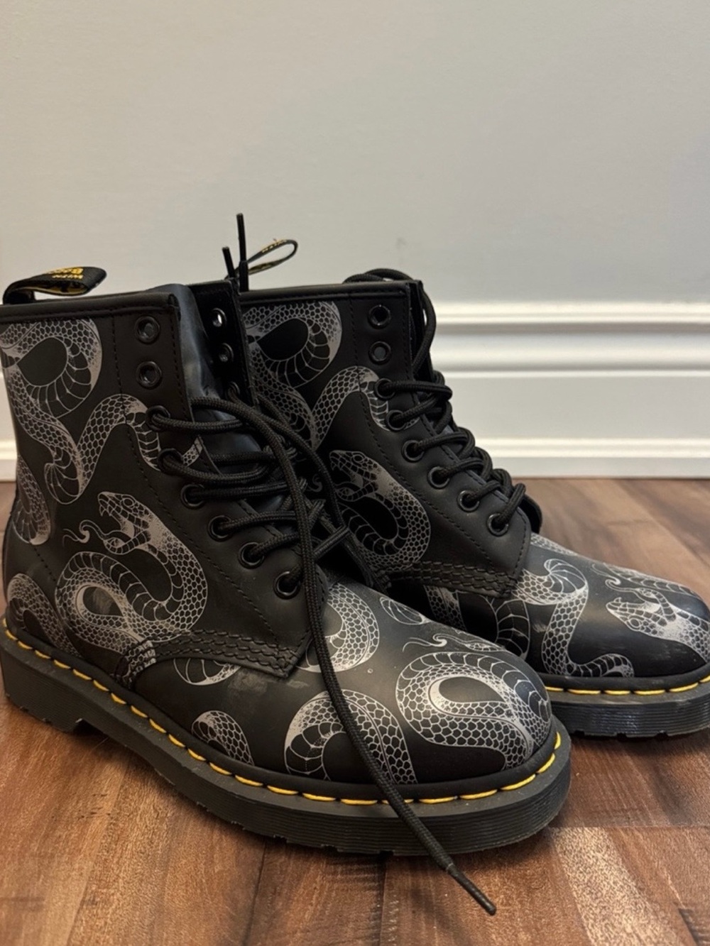 Dr. Martens Black Boots with Gray Snake Print